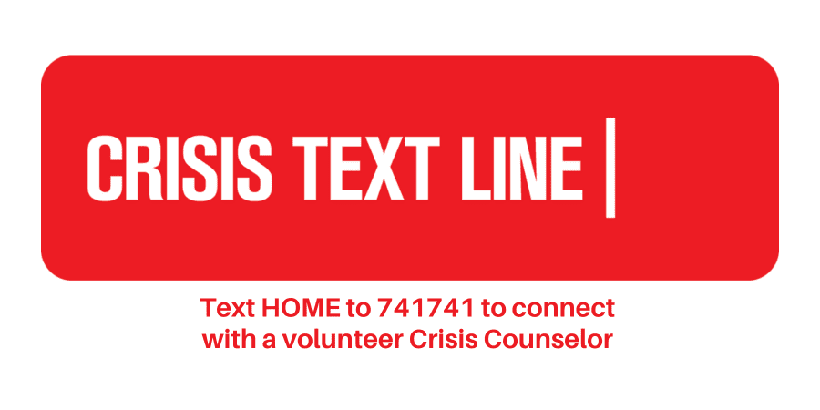 Logo for Crisis Text Line. Text HOME to 741741 to connect with a volunteer crisis counselor