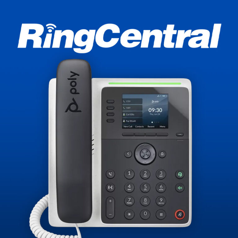 A graphic showing the RingCentral logo and a photo of a PolyEdge E220 desk phone.