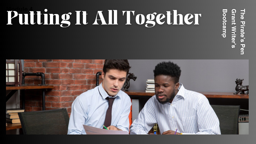 A graphic of a slide from the Grant Writer's Bootcamp module 4.