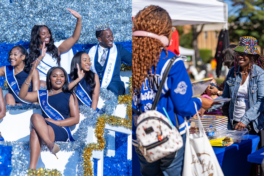 A composite photo of a parade float and a vendor stall.