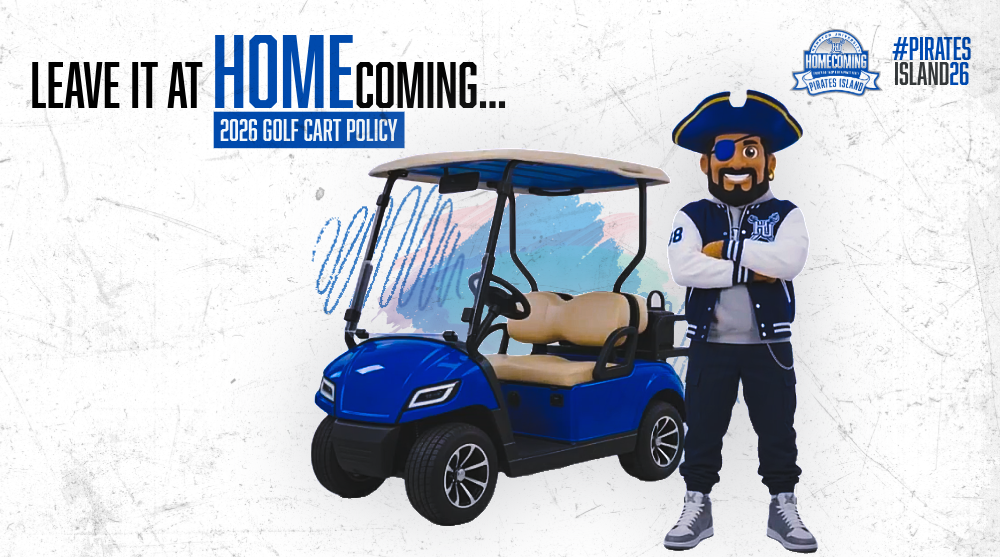 It reads "Leave it at HOME coming". An AI generated image of the Pete the Pirate mascot crossing his arms next to a golf cart.