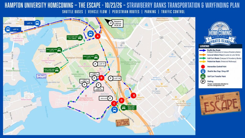 An illustrated map showing pick up and drop off zones for shuttles and golf carts during The Escape.