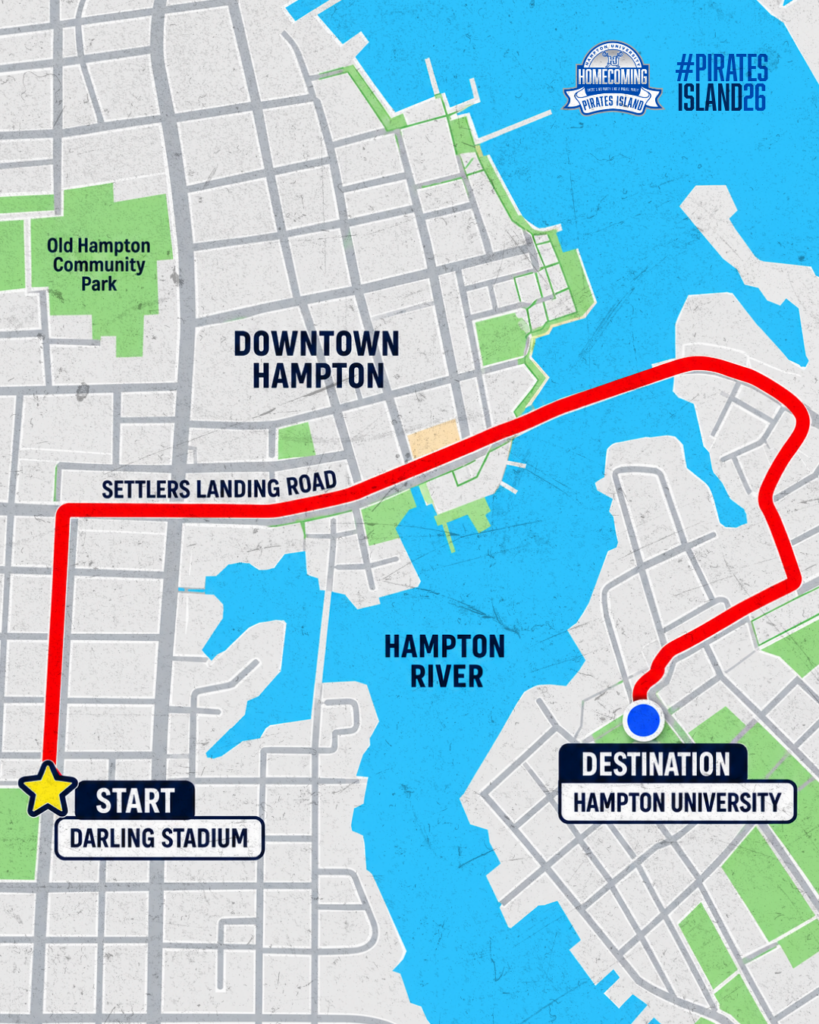 A map graphic showing the parade route starting at Darling Stadium and ending at Hampton University.
