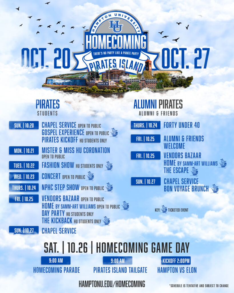 HU Homecoming 2024: Pirates Island schedule graphic.