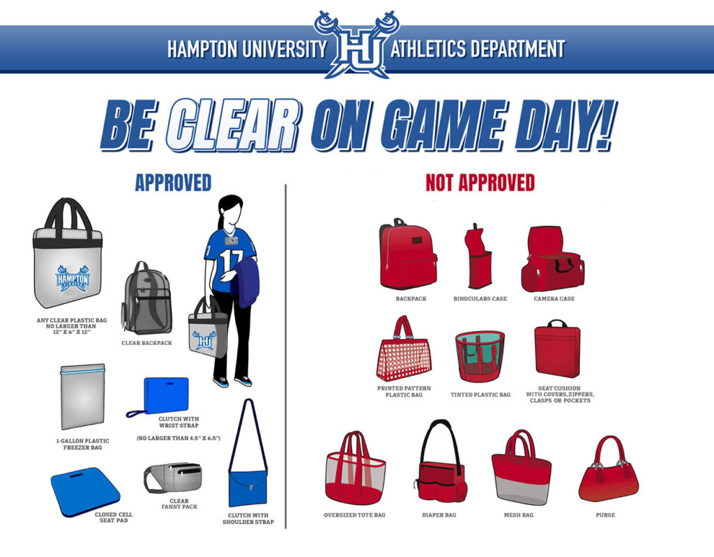 A graphic showing the Clear Bags Policy. The only bags allowed into Armstrong Stadium during Football games or events are the clear tote bag and the clear fanny pack.