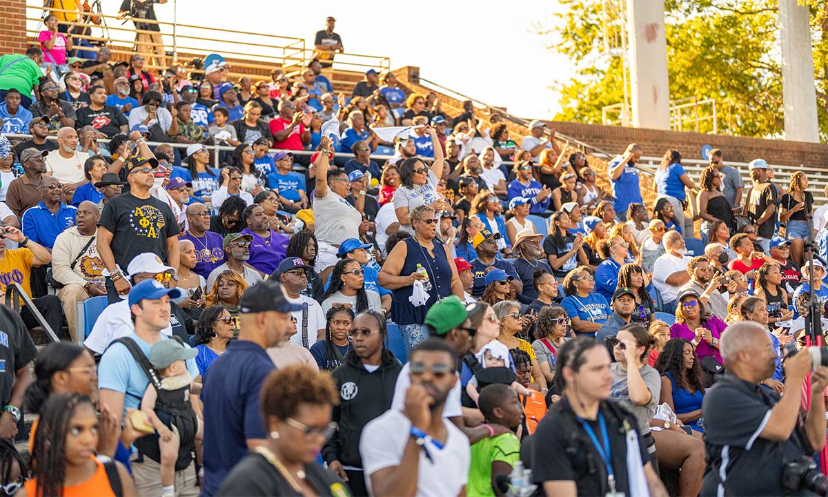 A photo of alumni in the stands of Armstrong Stadium.