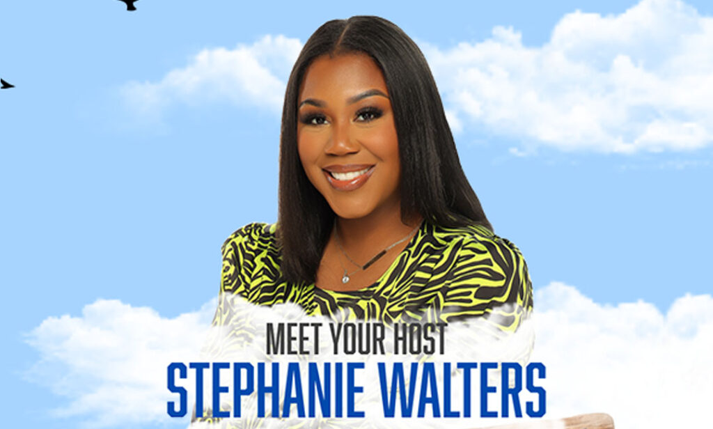 A graphic showing Stephanie Walter's photo on a blue sky background with clouds. The text reads " Meet Your Host, Stephanie Walters."