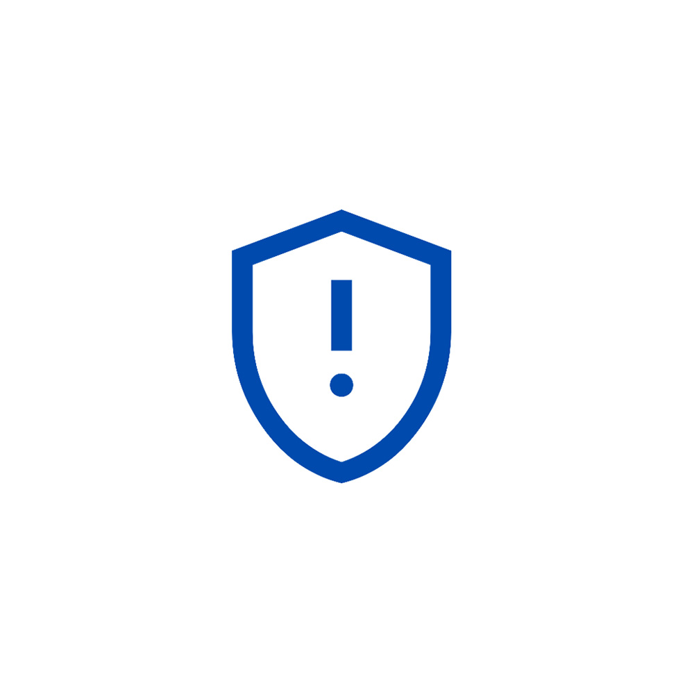 Blue icon of a shield with an exclamation mark.