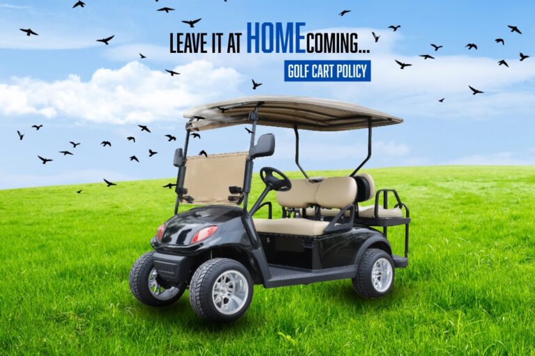A graphic showing a golf cart on green grass with the words Leave it at home coming - golf cart policy.