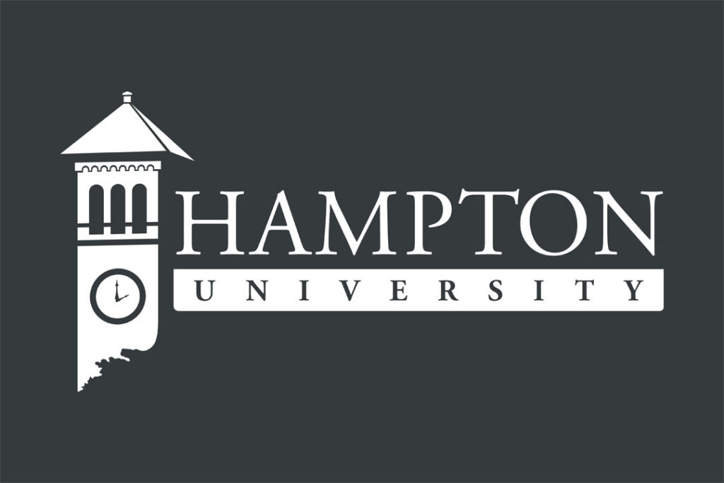 Hampton University white logo on black/dark gray background