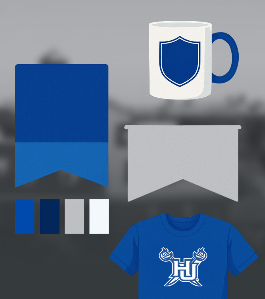 A graphic showing the Hampton University logo on various merchandise.