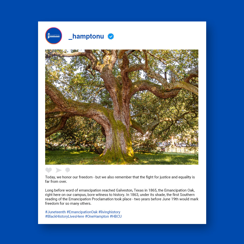 A graphic showing a post on Instagram from the official Hampton University account.