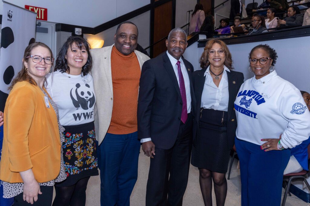 From l-r: Jenna Bonello, Director of Entertainment and Events, WWF; Jessica Leung, Director, People and Culture, WWF; Charles Sumpter, Senior Director, People and Culture, WWF; HU President Darrell K. Williams; Dean Julia Wilson; Gayle Brown, Event Director, WWF (HU alumna)