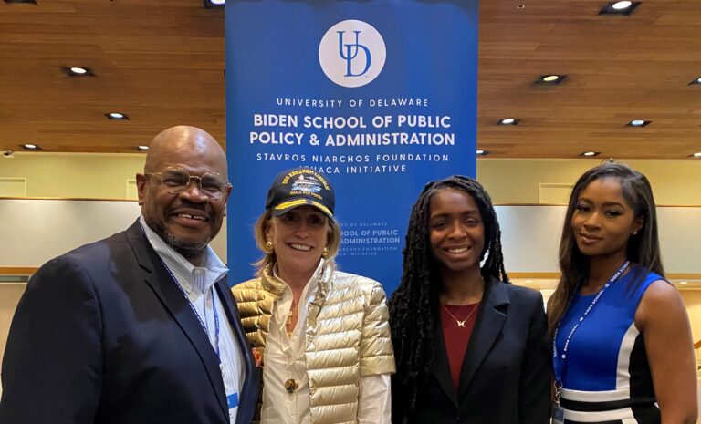 Photo: Hampton University Assistant Professor Dr. James Ford (left to right) poses with Valerie Biden Owens, U.S. President Joe Biden’s sister, and two HU Scripps Howard School of Journalism and Communications students, Jade AbuBakr and Logan Russell, at the Stavros Niarchos Foundation Ithaca National Student Dialogue at the Biden School of Public Policy & Administration March 25, at the University of Delaware.