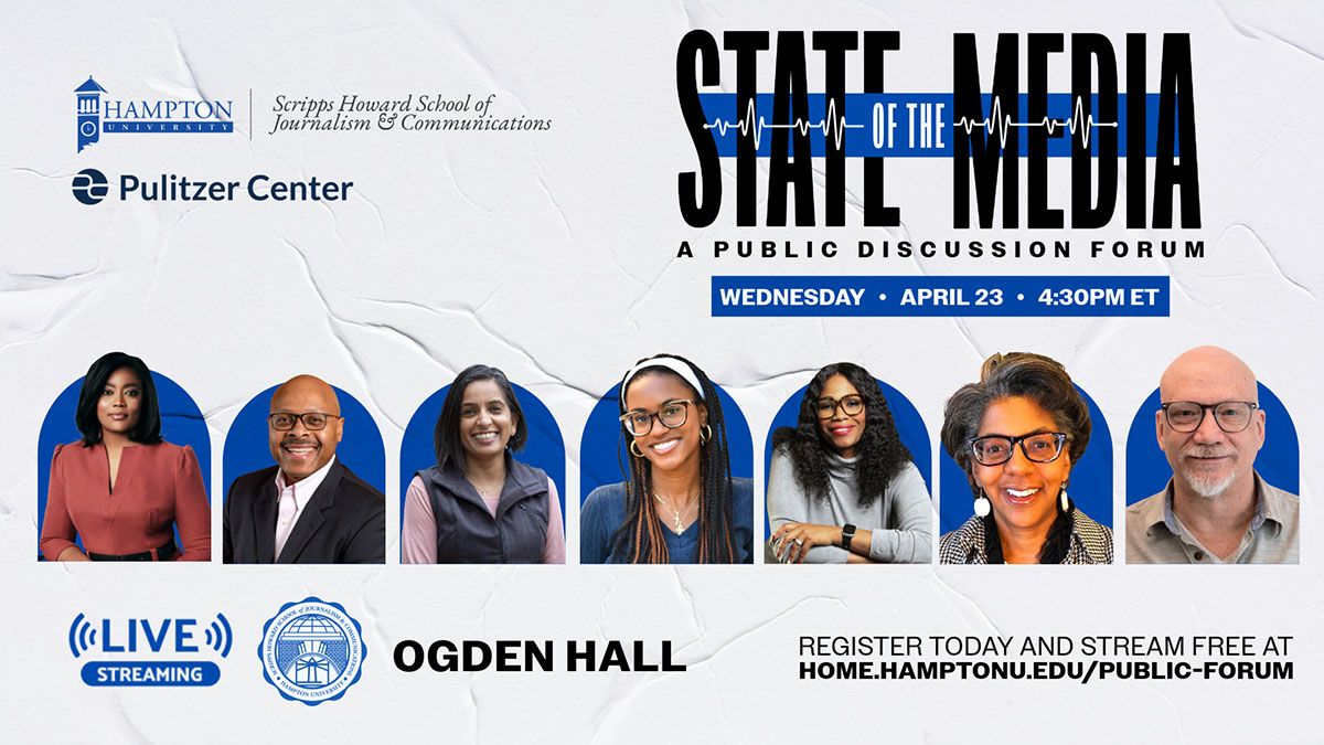 Graphic for event "State of the Media" showing panelists names and faces. April 23, 2025 4:30pm. Livestreamed